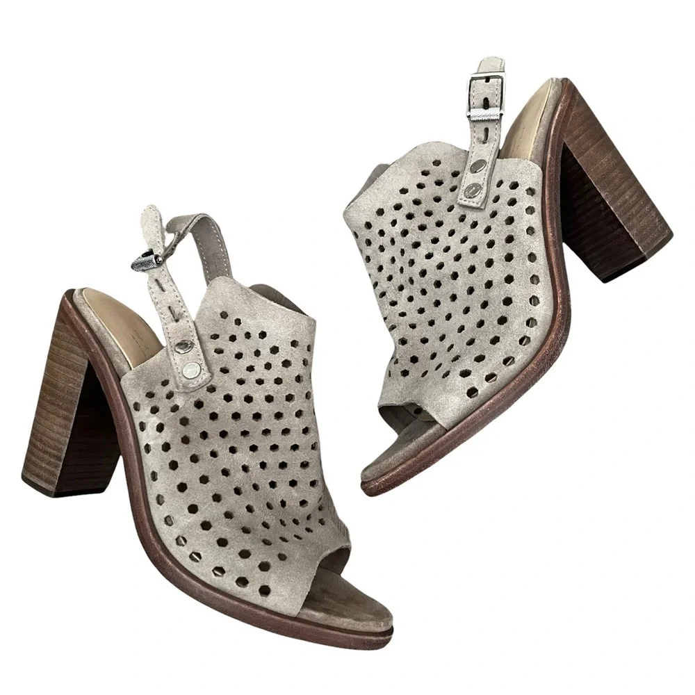 Rag & Bone Wyatt Light Brown Perforated Leather Block Heel Sandals 37.5 7.5‎